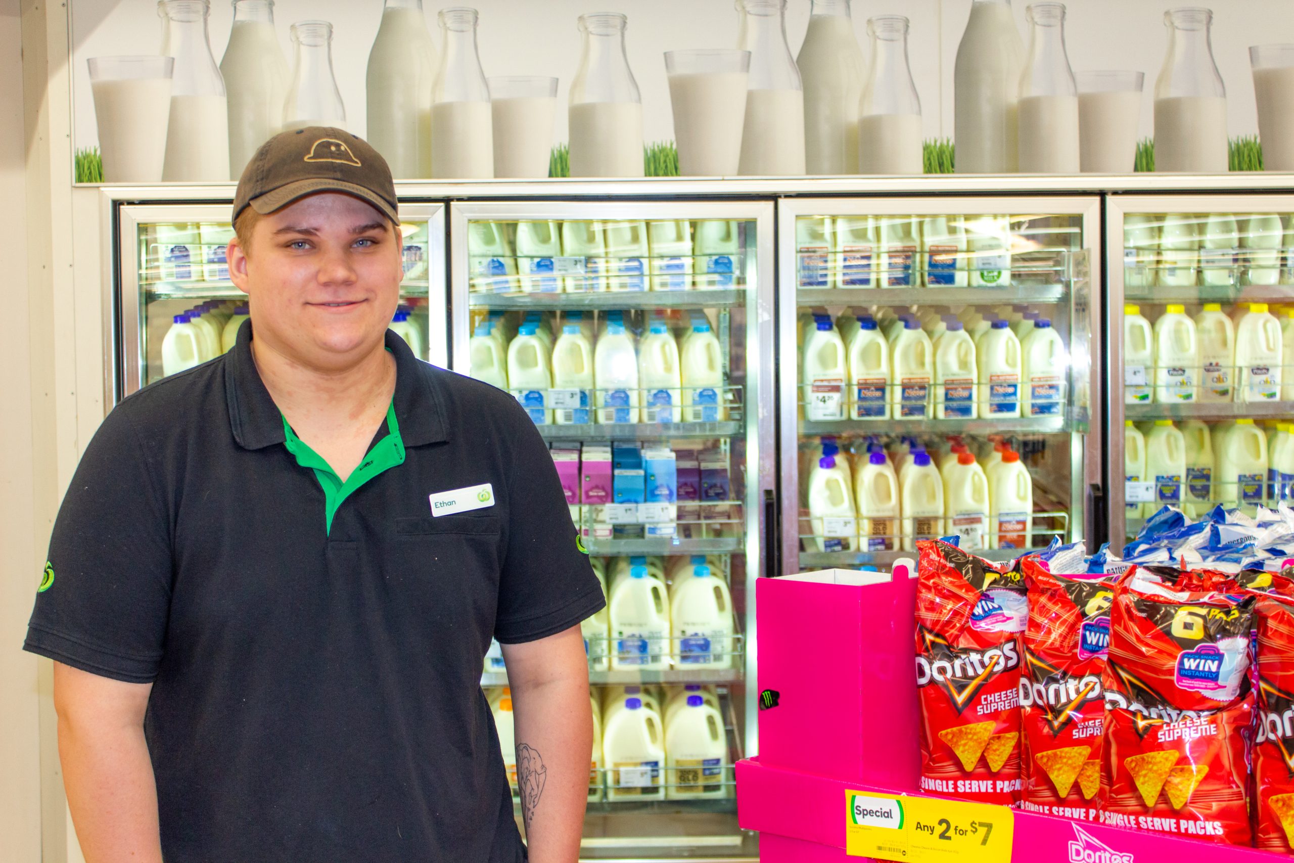Ethan standing with the stock at Woolworths Bundaberg