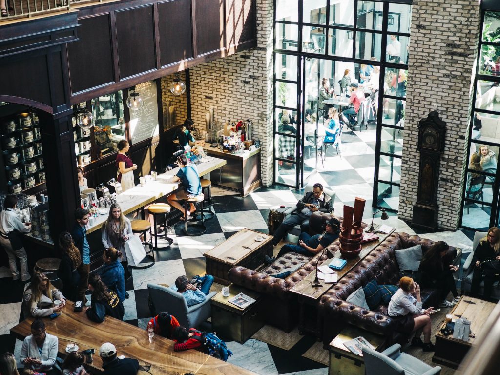 A crowded cafe viewed from the top down.