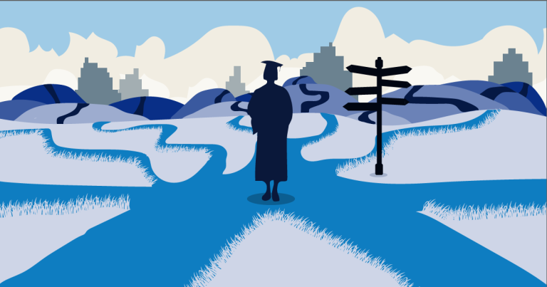 Someone in a graduation gown standing at a crossroads and considering their post-school options