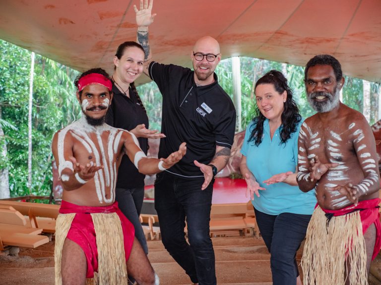 CaPTa group and Trudy Nagle from Tourism Taster standing with Rainforestation dancers Leslie and Nathaniel