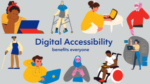 A collage of illustrations of different people, some using technology